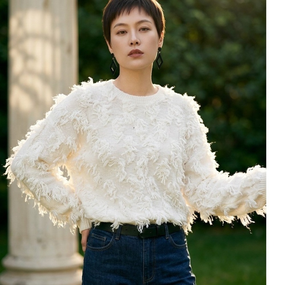 Just Sweaters 1X Vintage White Fuzzy Fringe‎ Sweater Rayon Cotton USA Made Knit